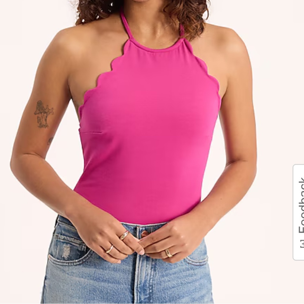 NWT express body contour cotton halter scalloped edge body suit - pink S